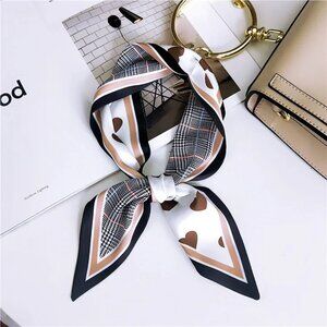 2/$30 Silk Satin Scarf Brown Hearts & Geometric Print Neck, Hair, Bag Accessory